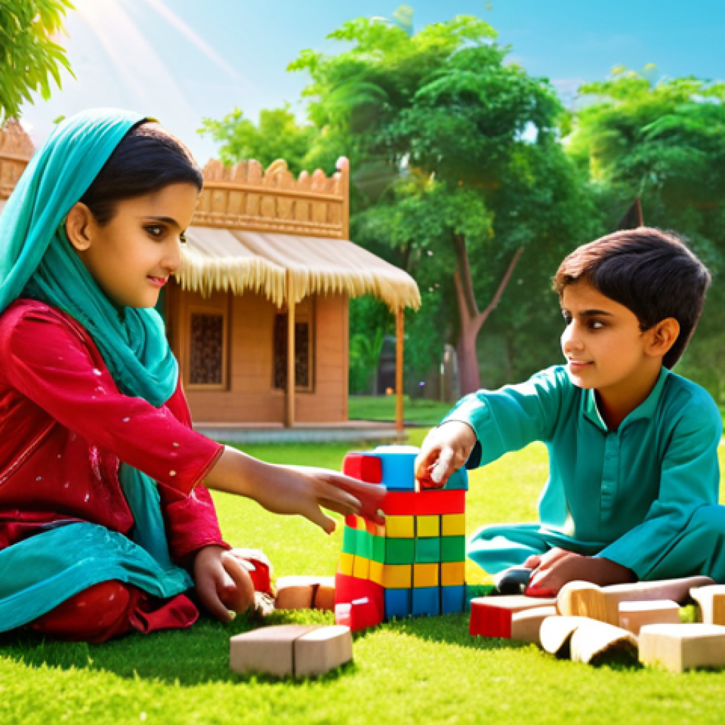 A vibrant scene depicting children in traditional Pakistani clothing playing with colorful wooden blocks, constructing imaginative structures like houses and animals. The background showcases a sunny park with lush greenery.