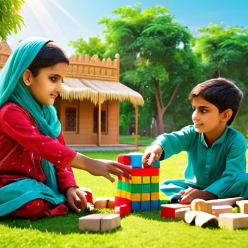 Home 15 A vibrant scene depicting children in traditional Pakistani clothing playing with colorful wooden blocks, constructing imaginative structures like houses and animals. The background showcases a sunny park with lush greenery.
