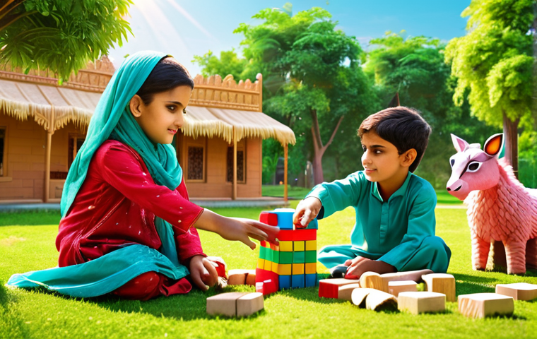A vibrant scene depicting children in traditional Pakistani clothing playing with colorful wooden blocks, constructing imaginative structures like houses and animals. The background showcases a sunny park with lush greenery.