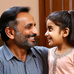 **

A warm, loving family scene. A father is attentively listening to his young daughter as she excitedly tells a story. The mother is smiling warmly at them both. The scene is set in a cozy, comfortable home with traditional Urdu-style decor. The overall feeling is one of strong connection, love, and active listening. Focus on the positive emotional expressions.

**