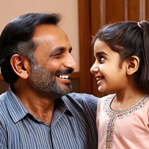 Home 7 **
A warm, loving family scene. A father is attentively listening to his young daughter as she excitedly tells a story. The mother is smiling warmly at them both. The scene is set in a cozy, comfortable home with traditional Urdu-style decor. The overall feeling is one of strong connection, love, and active listening. Focus on the positive emotional expressions.
**