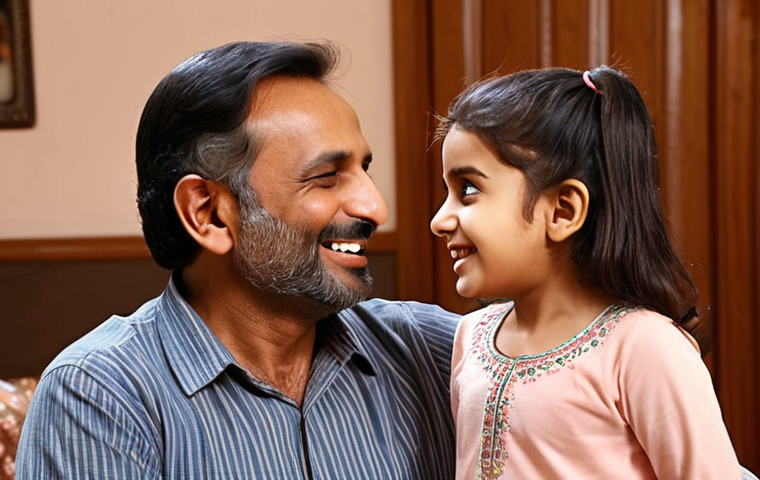 **
A warm, loving family scene. A father is attentively listening to his young daughter as she excitedly tells a story. The mother is smiling warmly at them both. The scene is set in a cozy, comfortable home with traditional Urdu-style decor. The overall feeling is one of strong connection, love, and active listening. Focus on the positive emotional expressions.
**