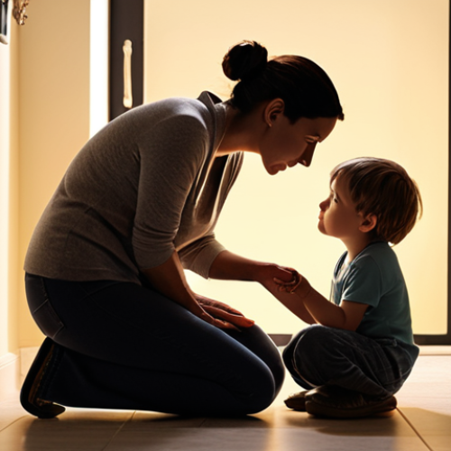 Home 22 **A calm parent kneeling and talking gently to their child who accidentally broke a vase. Soft, warm lighting. Focus on the connection and understanding between them. Keywords: Patience, parenting, understanding, accident, calm, communication.**