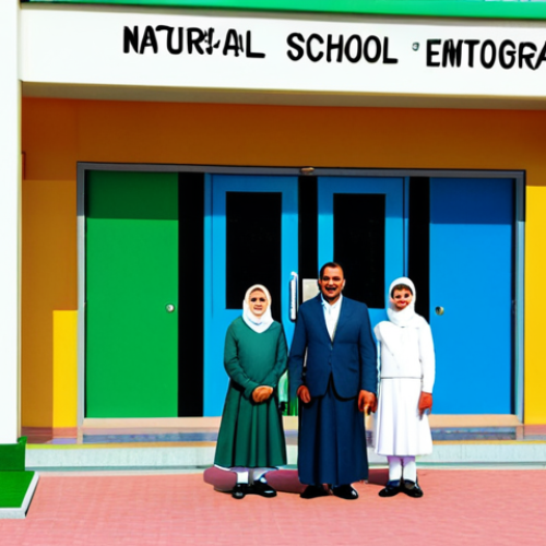 Home 20 School Introduction Scene**
"A vibrant and welcoming school entrance. Children, fully clothed in modest school uniforms, are happily entering the building. Parents are nearby, smiling and waving. The school building is colorful and inviting, with a clear sign in Urdu. Include a green playground in the background. Safe for work, appropriate content, family-friendly, professional illustration, perfect anatomy, natural proportions, well-formed hands."
**