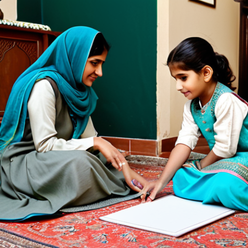 Home 19 **
A warm and inviting family home interior. A mother, fully clothed in modest traditional Pakistani clothing, is kneeling and listening attentively to her young daughter who is showing her a drawing. The daughter is also fully clothed in appropriate children's wear. Soft, natural lighting. Safe for work, appropriate content, fully clothed, family-friendly. Perfect anatomy, correct proportions, natural pose, well-formed hands, proper finger count. Professional photography, high quality.
**