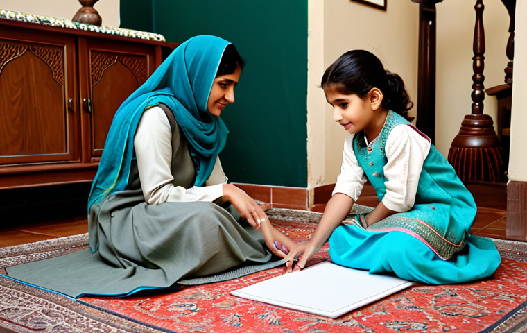 **
A warm and inviting family home interior. A mother, fully clothed in modest traditional Pakistani clothing, is kneeling and listening attentively to her young daughter who is showing her a drawing. The daughter is also fully clothed in appropriate children's wear. Soft, natural lighting. Safe for work, appropriate content, fully clothed, family-friendly. Perfect anatomy, correct proportions, natural pose, well-formed hands, proper finger count. Professional photography, high quality.
**