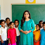 아이의 논리적 사고 키우기 - ** A professional female teacher in a modest salwar kameez, standing in front of a bright, colorful ...