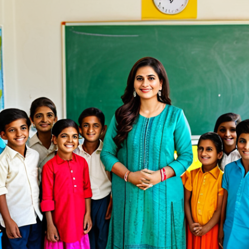Home 6 아이의 논리적 사고 키우기 - ** A professional female teacher in a modest salwar kameez, standing in front of a bright, colorful ...