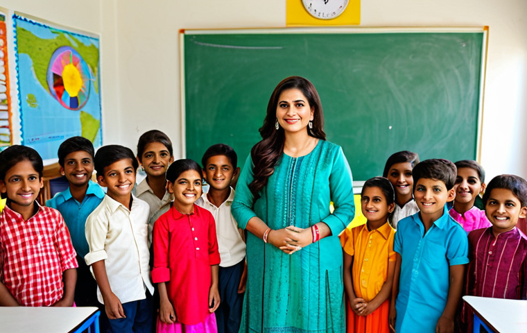 아이의 논리적 사고 키우기 - ** A professional female teacher in a modest salwar kameez, standing in front of a bright, colorful ...
