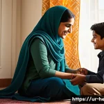 부모가 자녀에게 해서는 안 될 말 - A warm and nurturing family scene set in a traditional Urdu-speaking home, showing a South Asian mot...