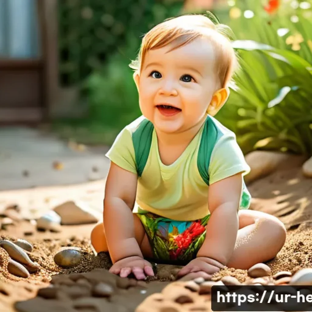 아이의 감각 발달 놀이법 - A joyful toddler wearing a colorful diaper playing outdoors with natural sensory materials like wet ...