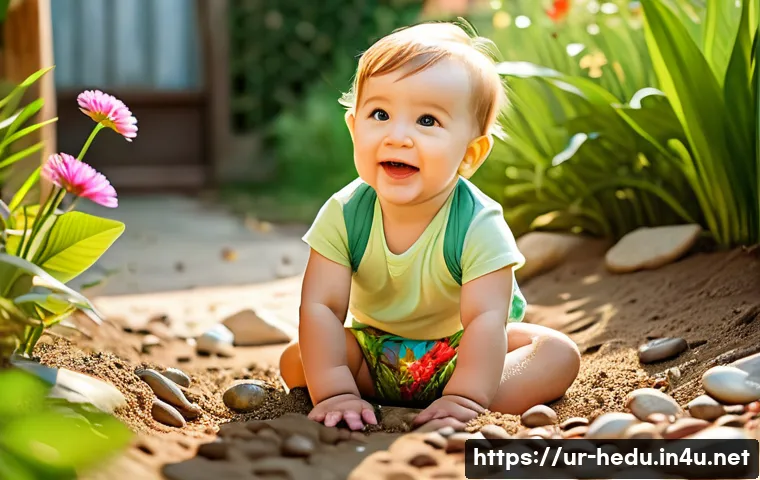 아이의 감각 발달 놀이법 - A joyful toddler wearing a colorful diaper playing outdoors with natural sensory materials like wet ...