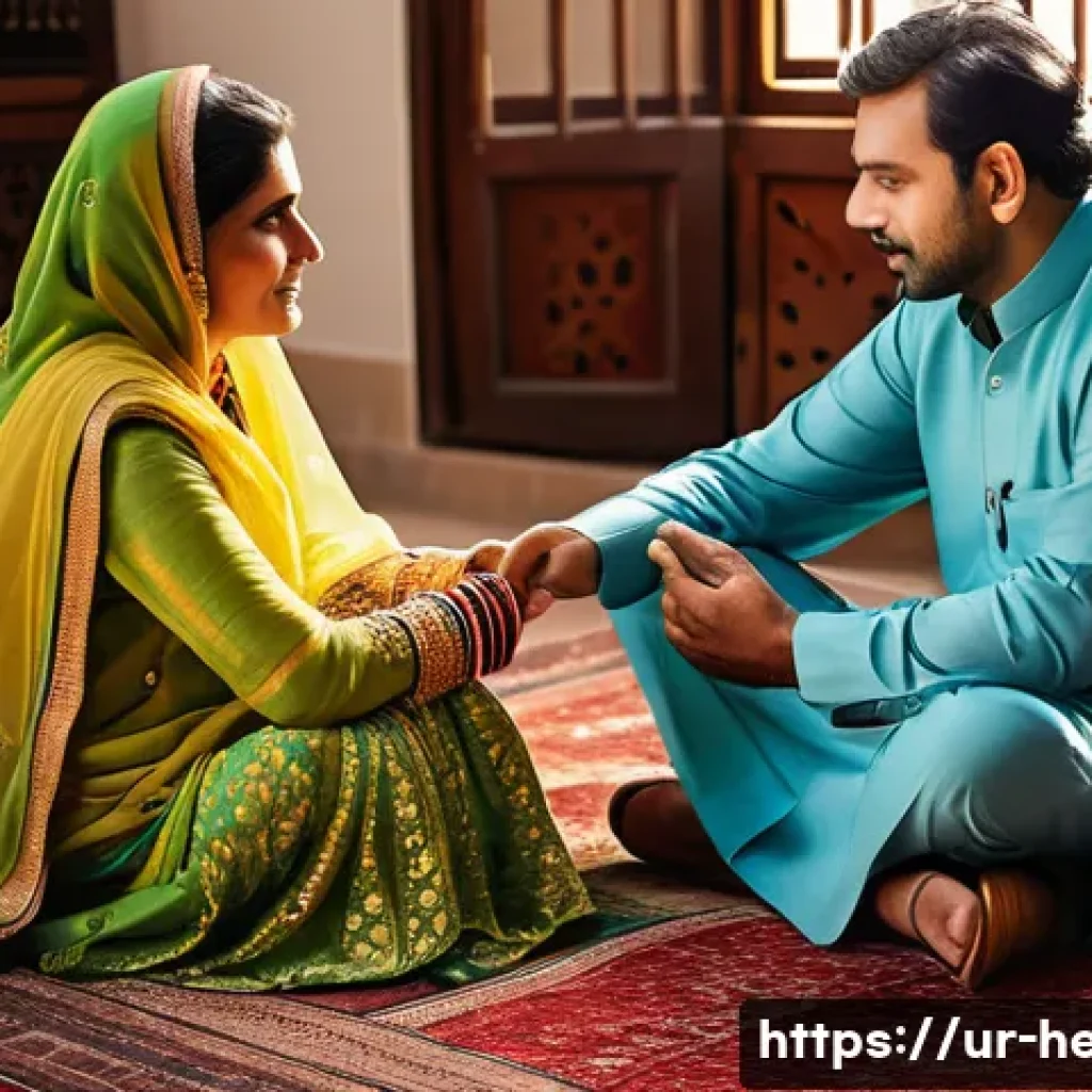 아이와의 신뢰 회복법 - A warm and intimate family scene in a traditional Pakistani living room, showing a mother and father...