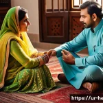 아이와의 신뢰 회복법 - A warm and intimate family scene in a traditional Pakistani living room, showing a mother and father...