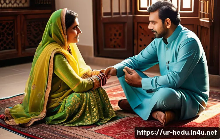 아이와의 신뢰 회복법 - A warm and intimate family scene in a traditional Pakistani living room, showing a mother and father...