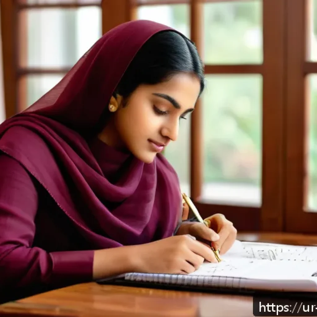 자율성과 책임감 키우기 - A confident young South Asian woman in traditional modest attire, sitting at a wooden desk with a pl...