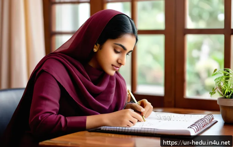 자율성과 책임감 키우기 - A confident young South Asian woman in traditional modest attire, sitting at a wooden desk with a pl...