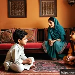 자녀와의 협상 기술 - A warm, cozy family living room scene in a traditional South Asian home decorated with cultural elem...