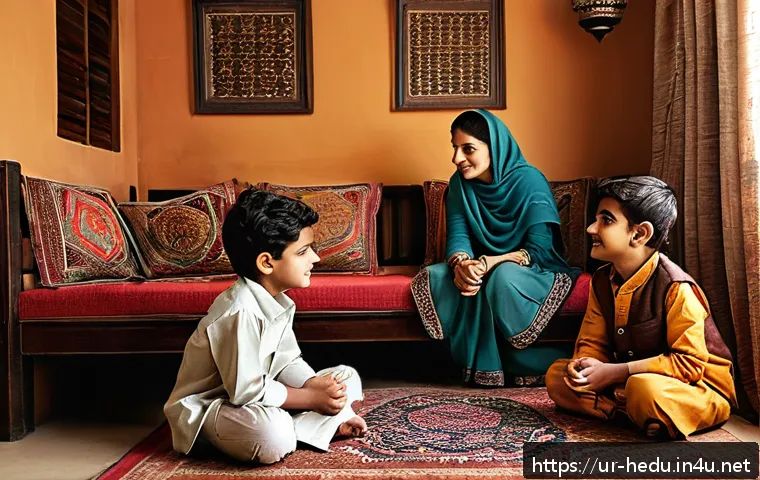 자녀와의 협상 기술 - A warm, cozy family living room scene in a traditional South Asian home decorated with cultural elem...