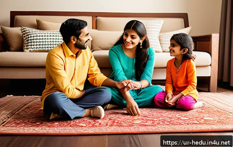 부모 권위와 민주적 양육 - A warm family scene in a cozy living room featuring parents and children engaging in open and positi...