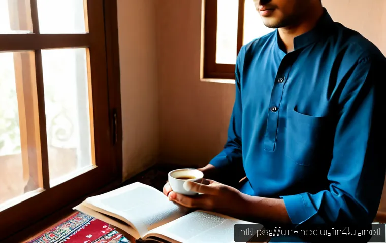 책 읽기 습관 형성 방법 - Photorealistic morning reading habit scene in a cozy Pakistani home, an Urdu-speaking young adult se...