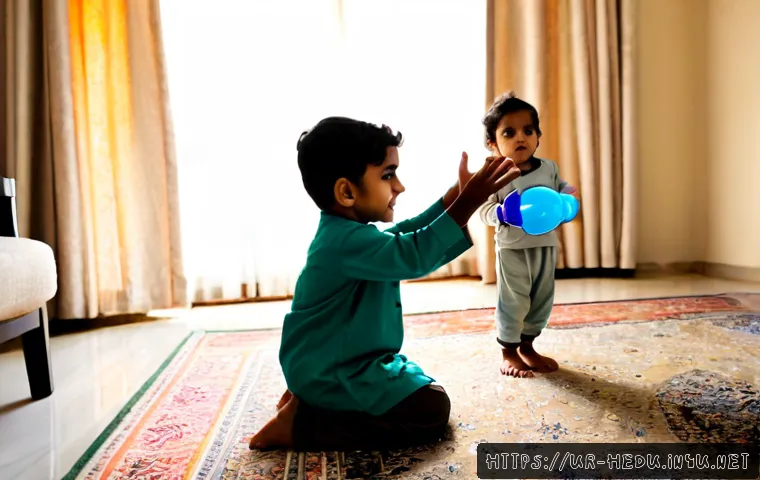 아이의 충동 조절 훈련 - Photorealistic Pakistani family living room, a young child wearing modest everyday clothes pauses ca...