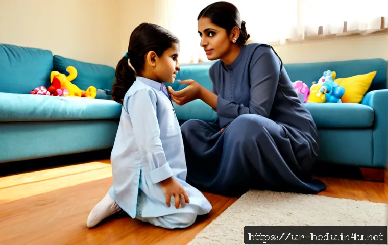 Home 17 부모의 훈육 태도가 아이에게 미치는 영향 - Photorealistic Pakistani family scene in a warm, tidy living room, a calm mother in modest shalwar k...